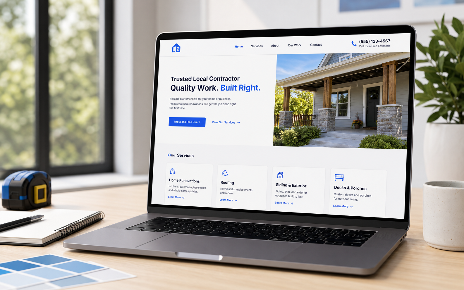 Preview of a modern landscaping business website on a laptop